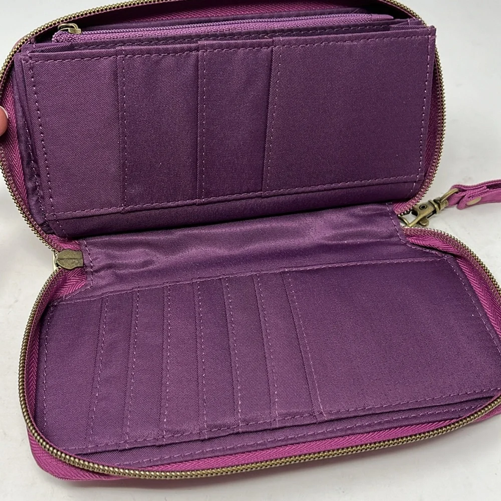 TRAVELON Wristlet RFID Signature Purple  Pleated Double Zip Clutch